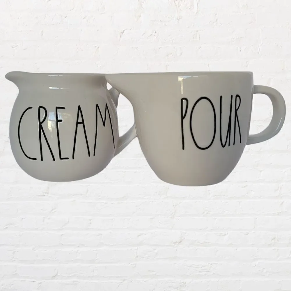 Rae Dunn Cream and Pour Pitchers/Mugs, White with Black Lettering, 3.5